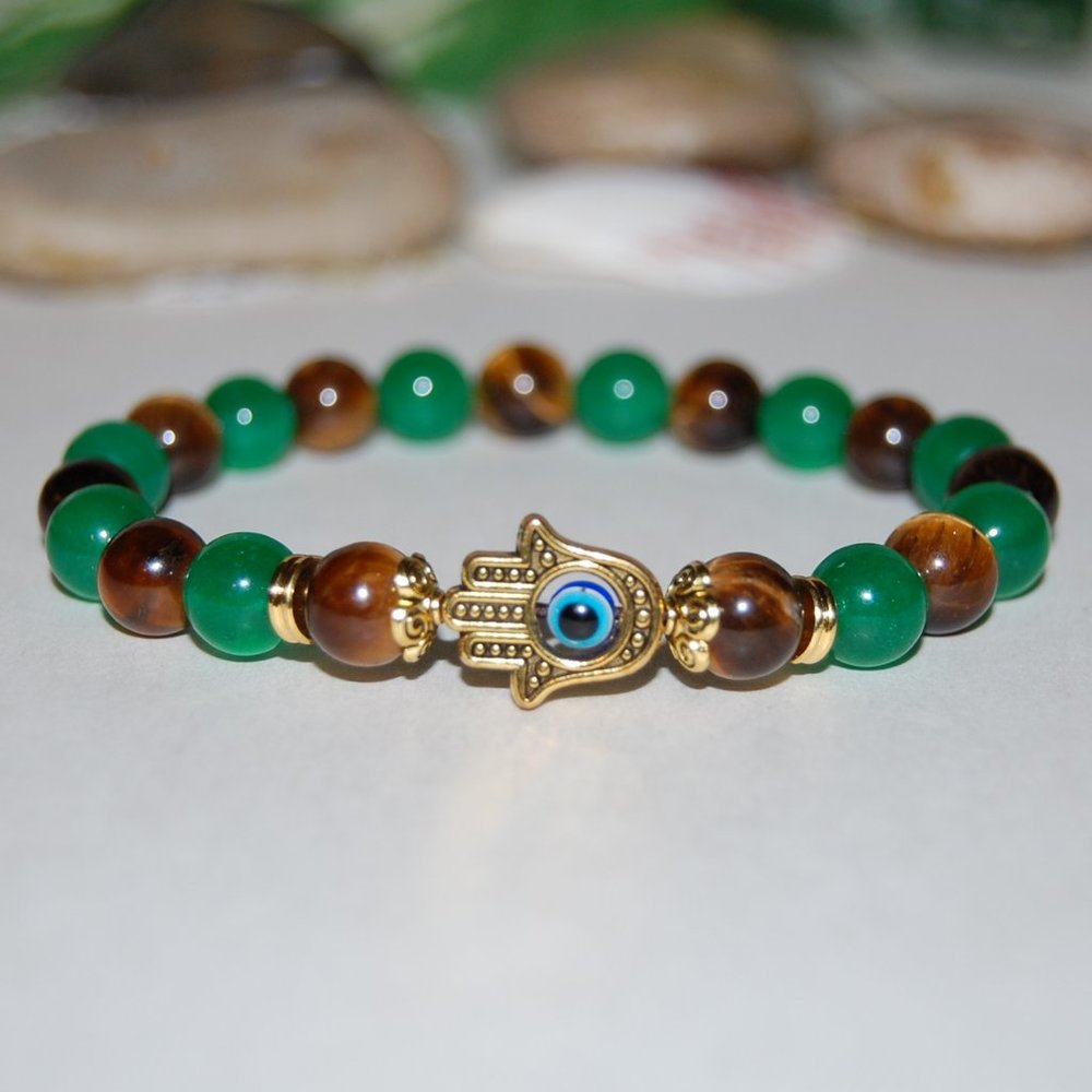 Tiger Eye Bracelet,Hamsa Hand Bracelet,8mm Tiger Eye and Jade Stone Beads,Hamsa